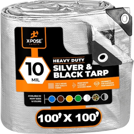 Xpose Safety Heavy Duty Tarp, 100 ft x 100 ft, 10 mil, Silver/Black, Polyethylene STH-100100-X